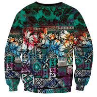 Pacific Hibiscus Tapa Tribal Vintage Sweatshirt Turquoise Motif LT9 - Polynesian Pride