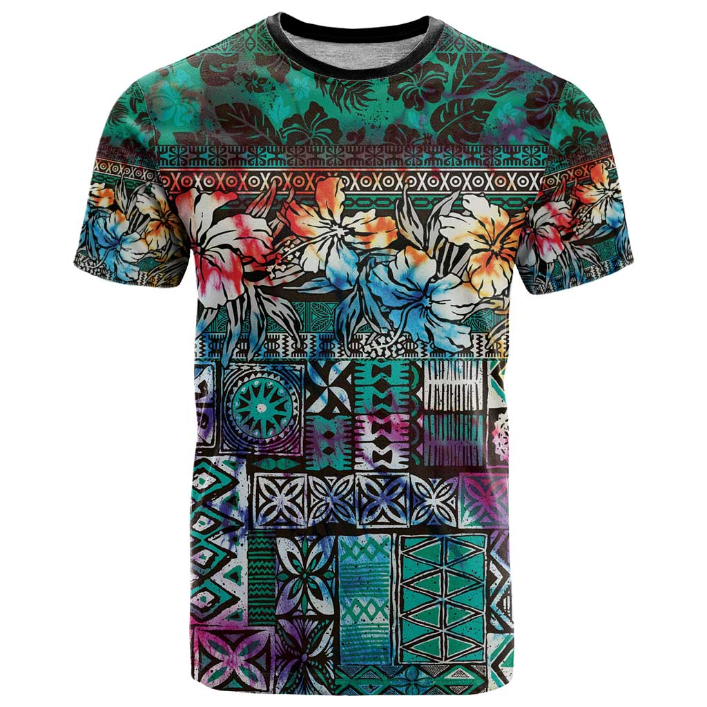 Pacific Hibiscus Tapa Tribal Vintage T Shirt Turquoise Motif LT9 Turquoise - Polynesian Pride