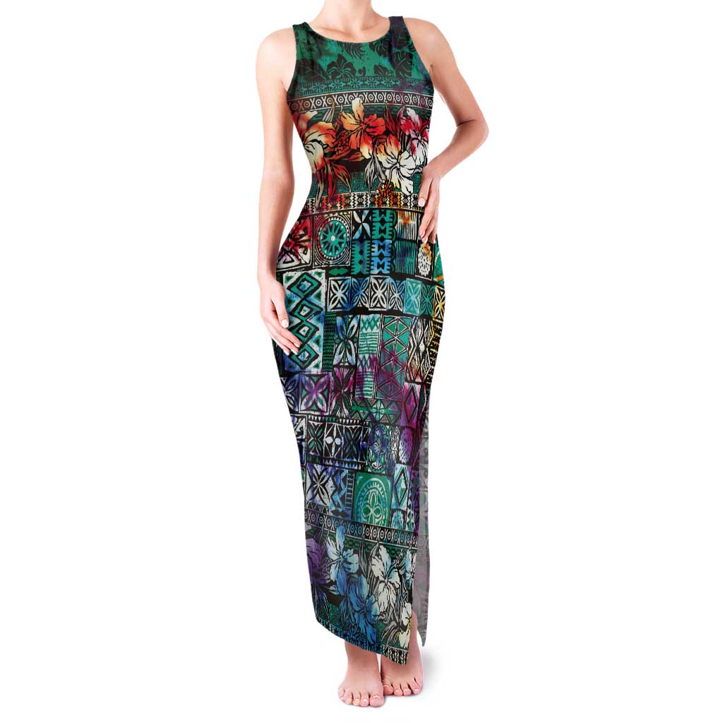 Pacific Hibiscus Tapa Tribal Vintage Tank Maxi Dress Turquoise Motif LT9 Women Turquoise - Polynesian Pride