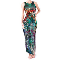 Pacific Hibiscus Tapa Tribal Vintage Tank Maxi Dress Turquoise Motif LT9 Women Turquoise - Polynesian Pride