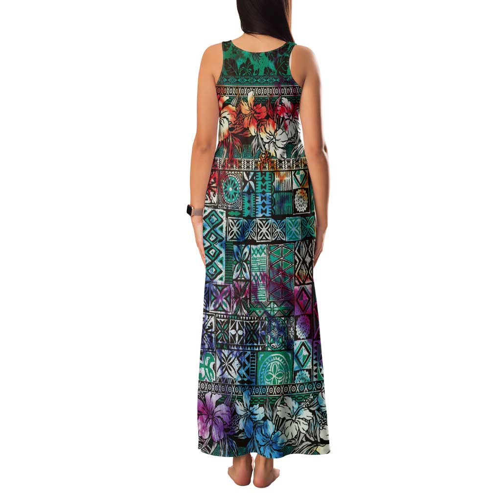 Pacific Hibiscus Tapa Tribal Vintage Tank Maxi Dress Turquoise Motif LT9 - Polynesian Pride