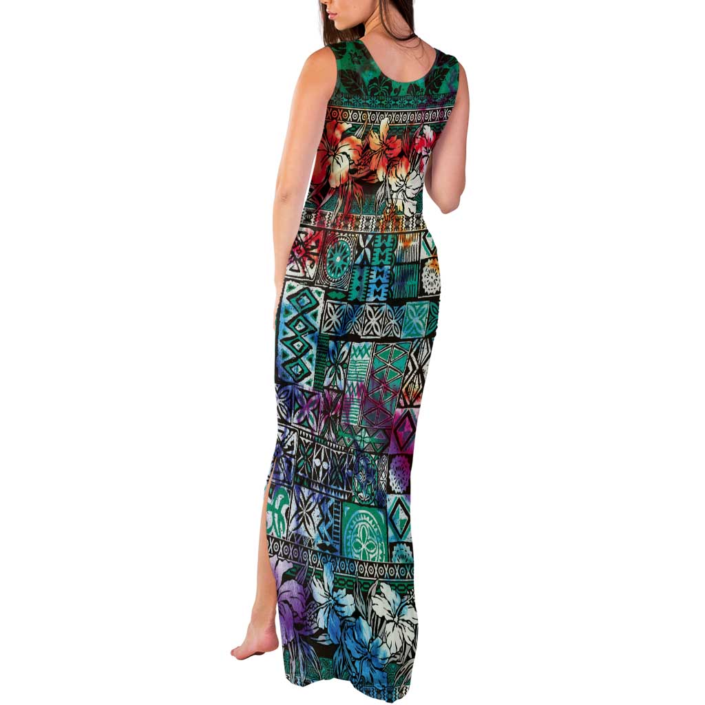 Pacific Hibiscus Tapa Tribal Vintage Tank Maxi Dress Turquoise Motif LT9 - Polynesian Pride