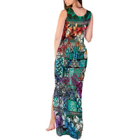Pacific Hibiscus Tapa Tribal Vintage Tank Maxi Dress Turquoise Motif LT9 - Polynesian Pride