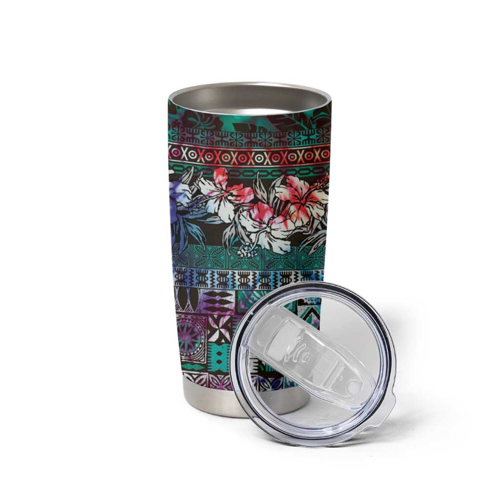 Pacific Hibiscus Tapa Tribal Vintage Tumbler Cup Turquoise Motif LT9 - Polynesian Pride