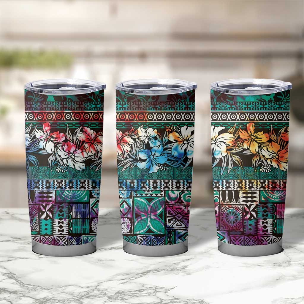 Pacific Hibiscus Tapa Tribal Vintage Tumbler Cup Turquoise Motif LT9 - Polynesian Pride