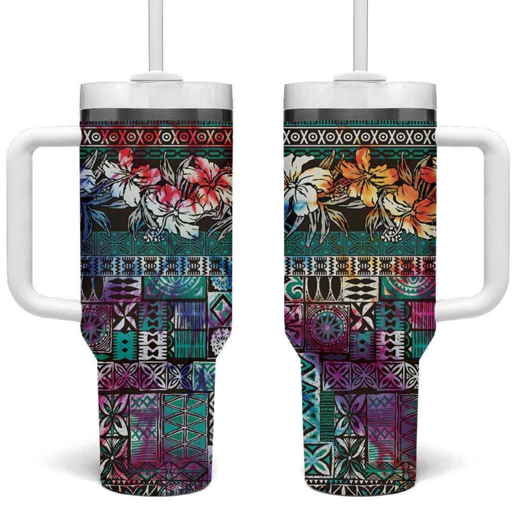Pacific Hibiscus Tapa Tribal Vintage Tumbler With Handle Turquoise Motif LT9 One Size: 40 oz Turquoise - Polynesian Pride