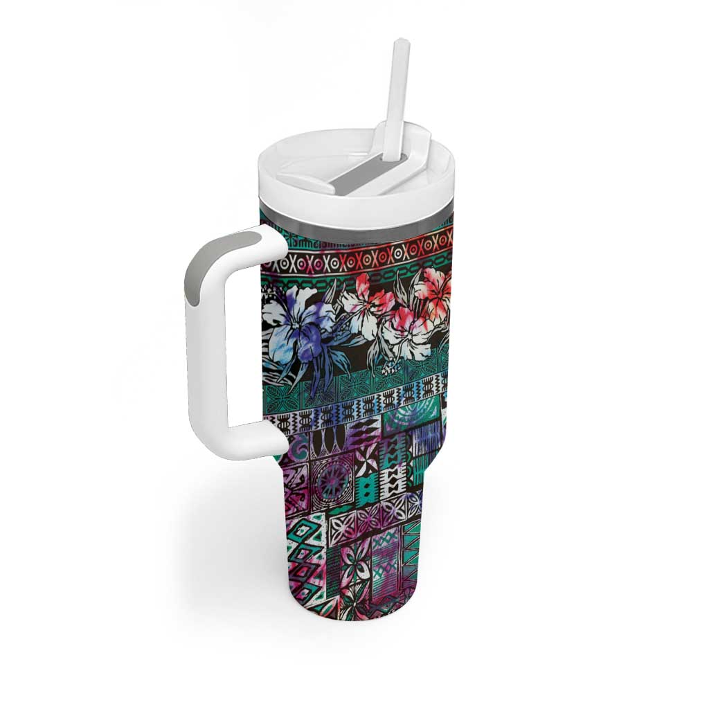 Pacific Hibiscus Tapa Tribal Vintage Tumbler With Handle Turquoise Motif LT9 - Polynesian Pride