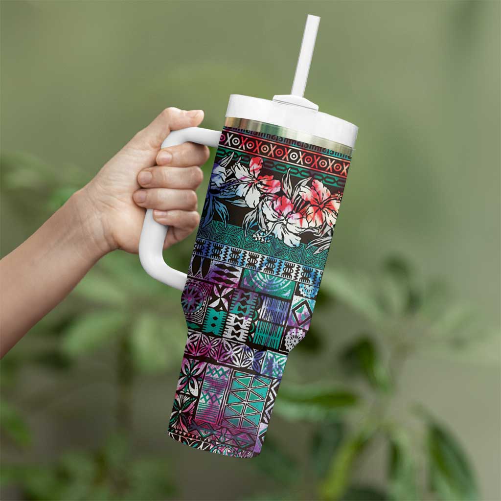 Pacific Hibiscus Tapa Tribal Vintage Tumbler With Handle Turquoise Motif LT9 - Polynesian Pride
