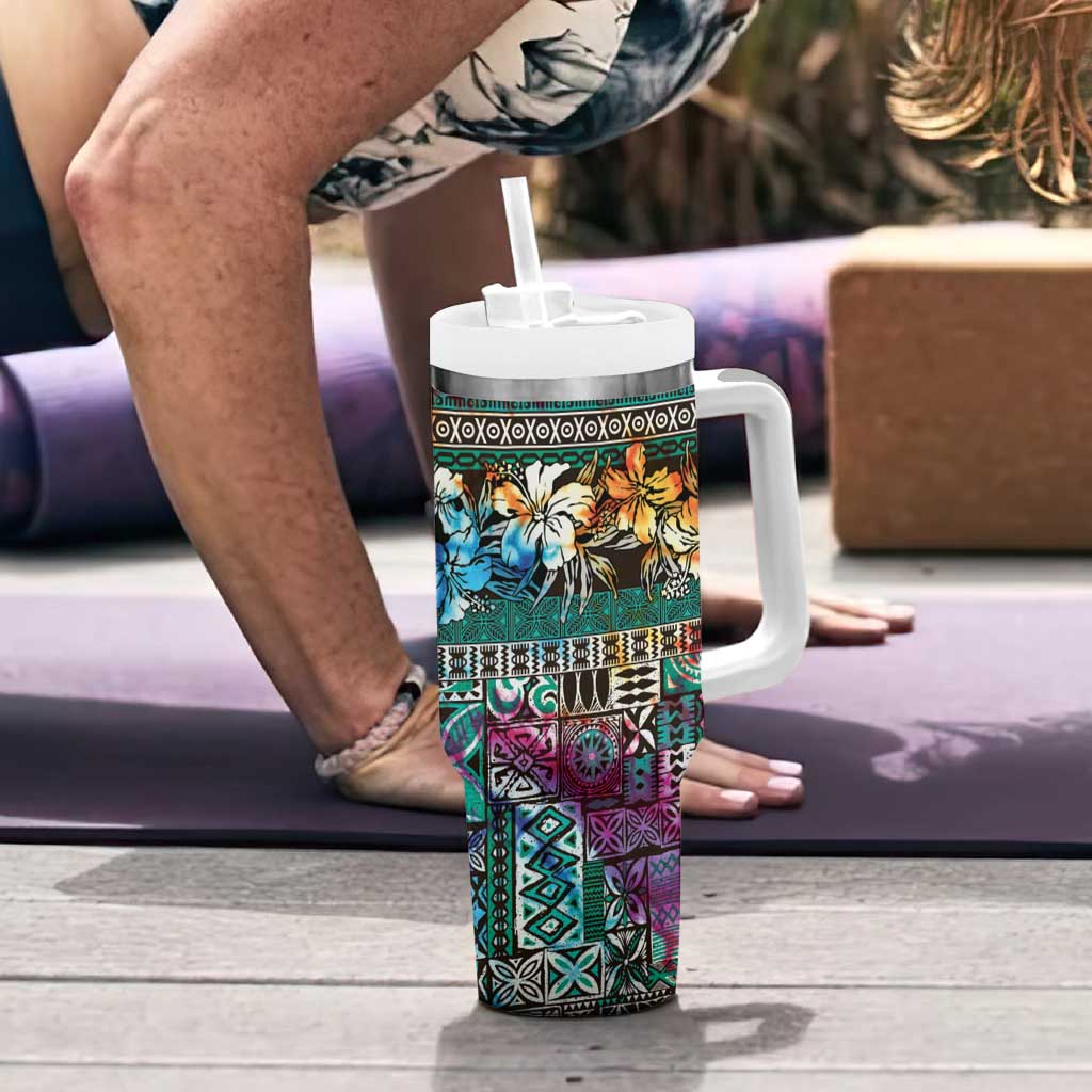 Pacific Hibiscus Tapa Tribal Vintage Tumbler With Handle Turquoise Motif LT9 - Polynesian Pride