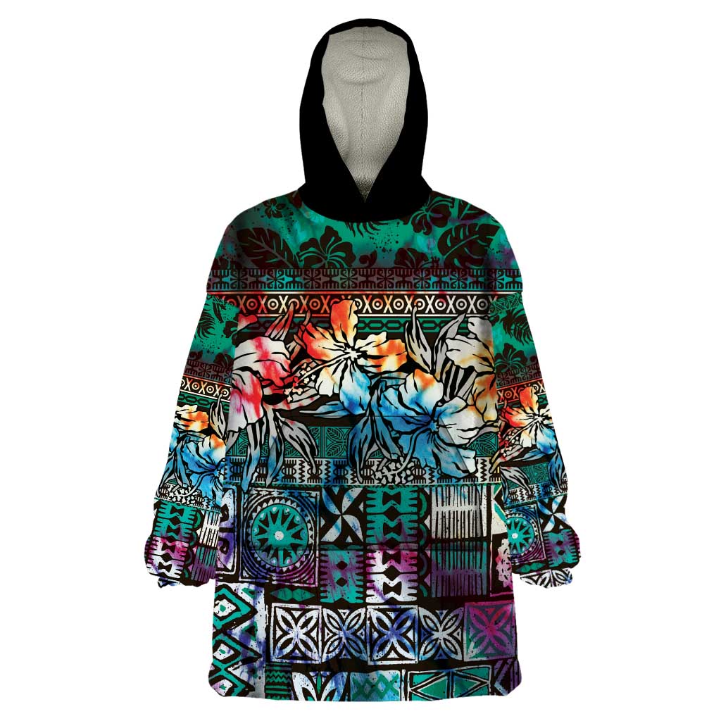 Pacific Hibiscus Tapa Tribal Vintage Wearable Blanket Hoodie Turquoise Motif