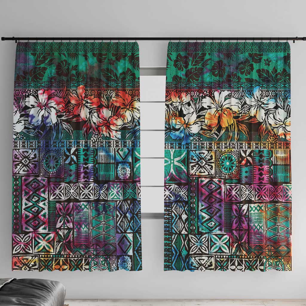 Pacific Hibiscus Tapa Tribal Vintage Window Curtain Turquoise Motif