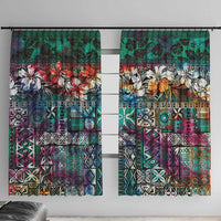 Pacific Hibiscus Tapa Tribal Vintage Window Curtain Turquoise Motif LT9 With Hooks Turquoise - Polynesian Pride