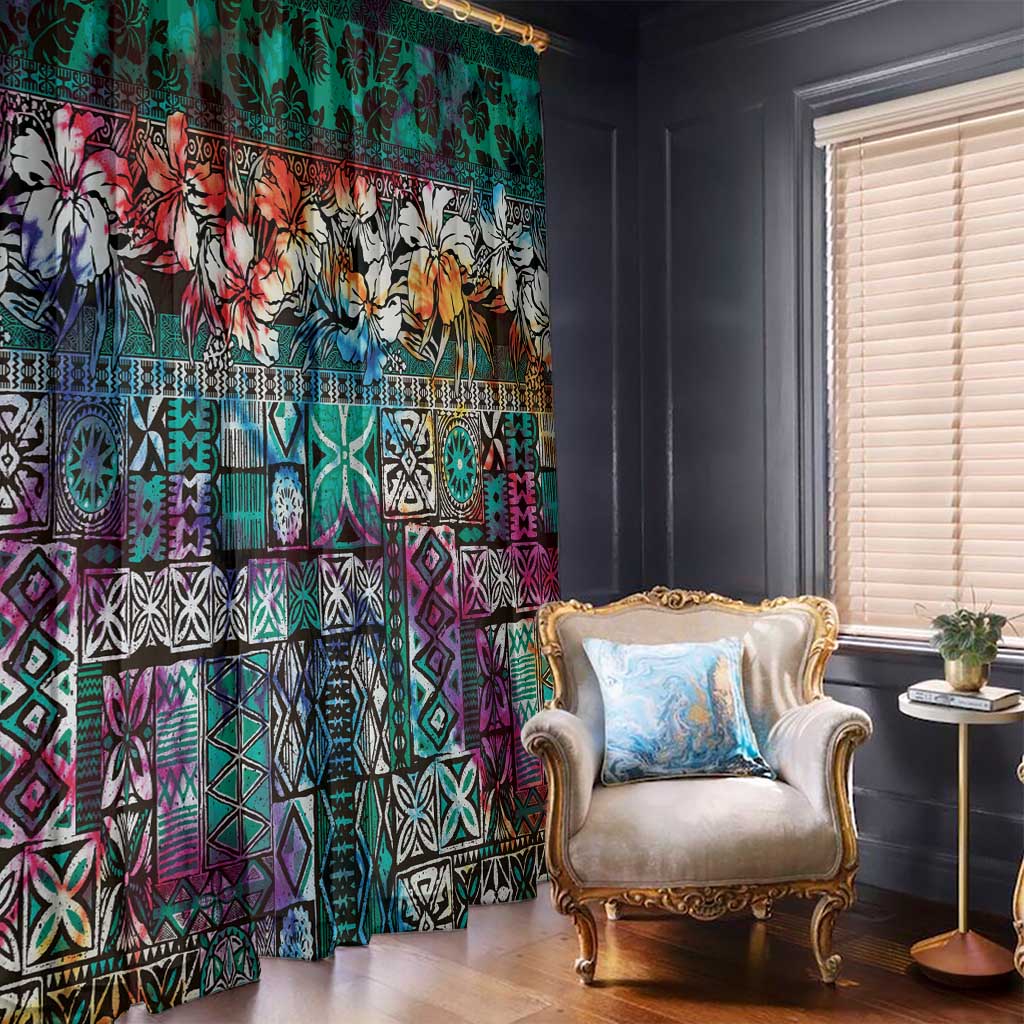 Pacific Hibiscus Tapa Tribal Vintage Window Curtain Turquoise Motif LT9 - Polynesian Pride