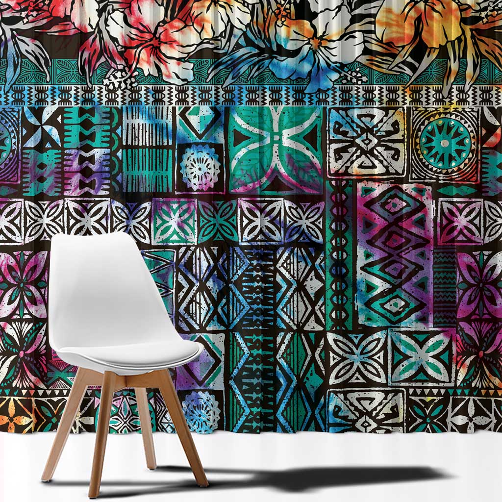 Pacific Hibiscus Tapa Tribal Vintage Window Curtain Turquoise Motif LT9 - Polynesian Pride