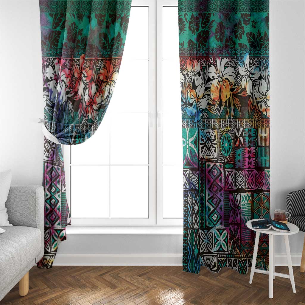 Pacific Hibiscus Tapa Tribal Vintage Window Curtain Turquoise Motif LT9 - Polynesian Pride