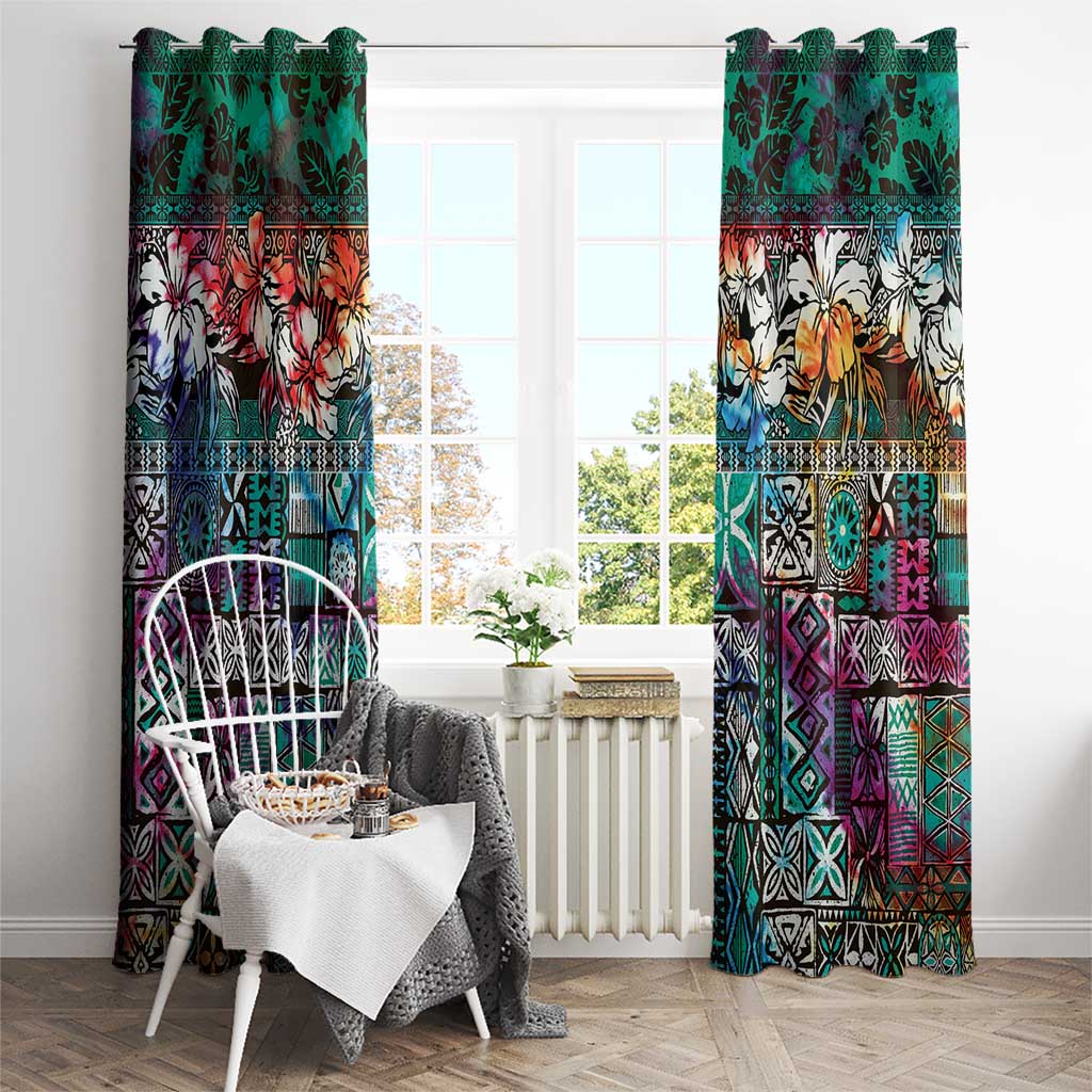 Pacific Hibiscus Tapa Tribal Vintage Window Curtain Turquoise Motif LT9 - Polynesian Pride