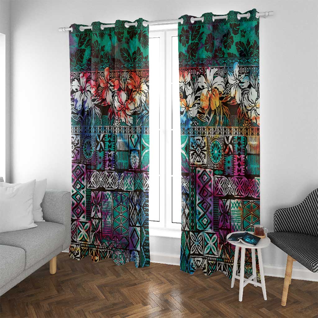 Pacific Hibiscus Tapa Tribal Vintage Window Curtain Turquoise Motif LT9 With Grommets Turquoise - Polynesian Pride