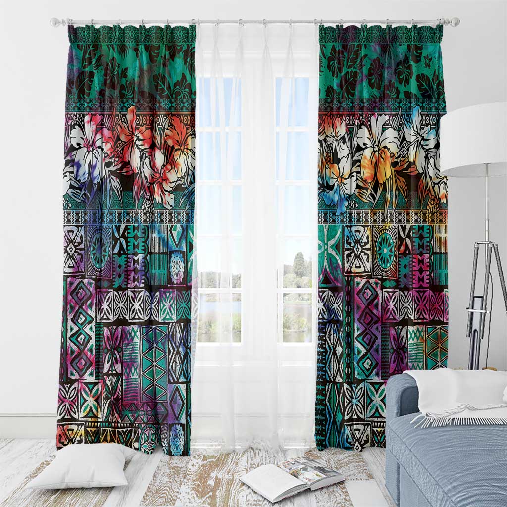 Pacific Hibiscus Tapa Tribal Vintage Window Curtain Turquoise Motif LT9 - Polynesian Pride