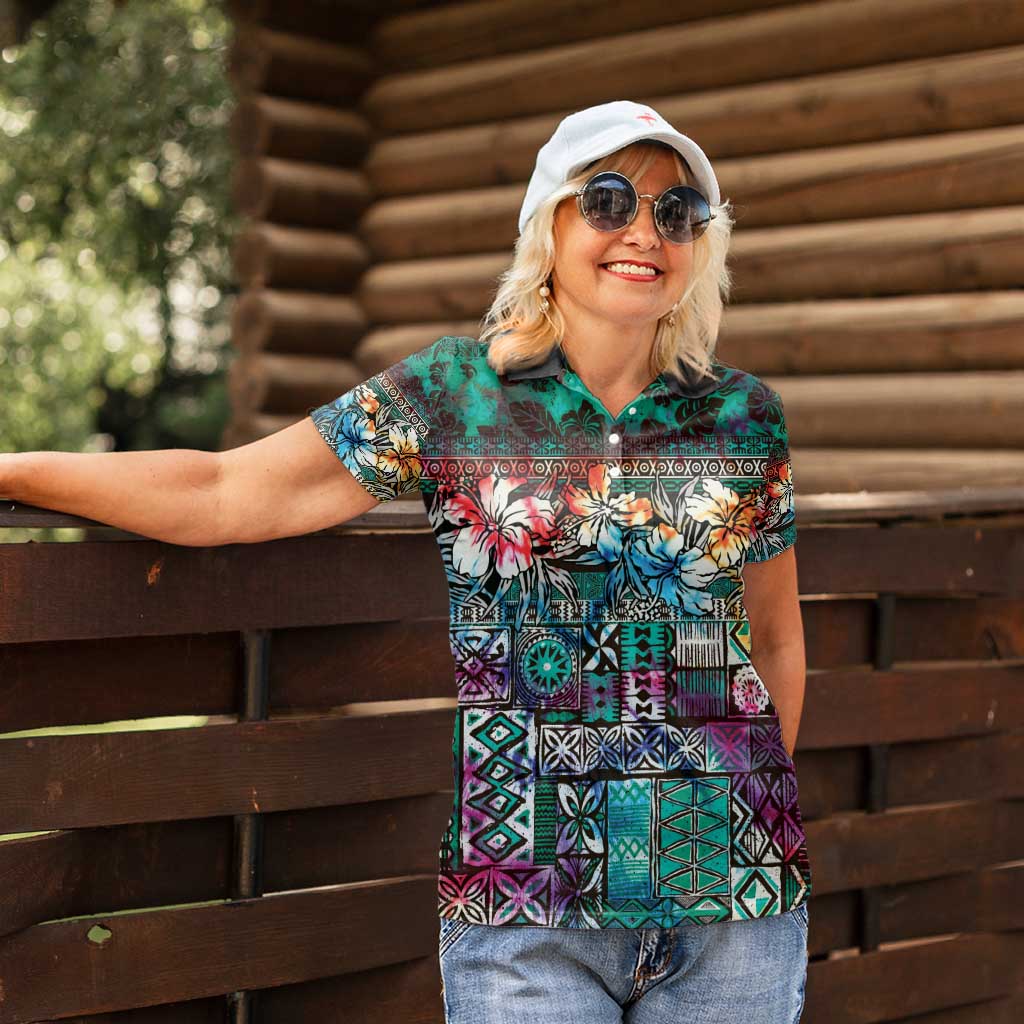 Pacific Hibiscus Tapa Tribal Vintage Women Polo Shirt Turquoise Motif