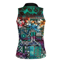 Pacific Hibiscus Tapa Tribal Vintage Women Sleeveless Polo Shirt Turquoise Motif
