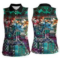 Pacific Hibiscus Tapa Tribal Vintage Women Sleeveless Polo Shirt Turquoise Motif