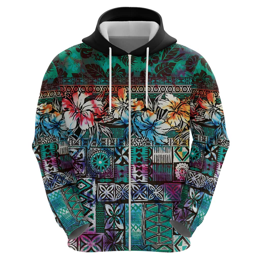 Pacific Hibiscus Tapa Tribal Vintage Zip Hoodie Turquoise Motif