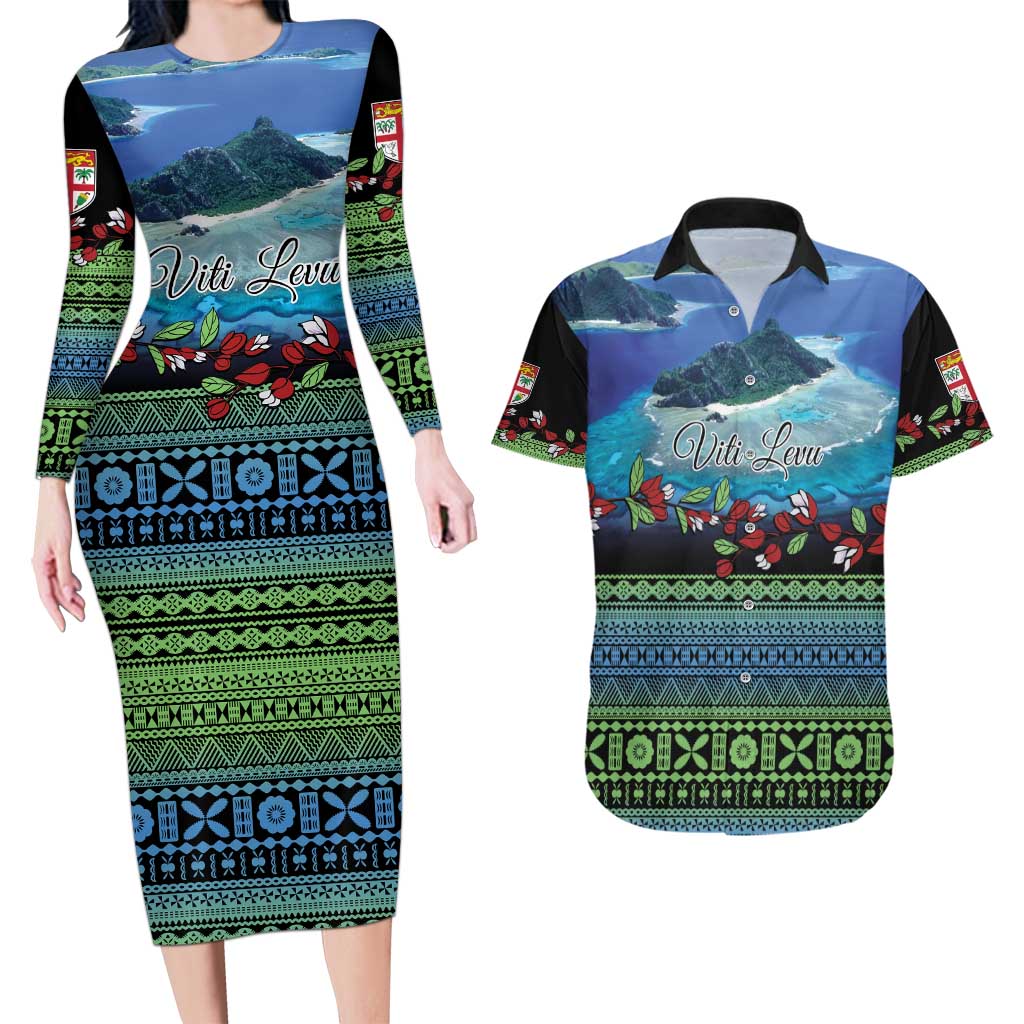 Personalised Fiji Viti Levu Couples Matching Long Sleeve Bodycon Dress and Hawaiian Shirt Tagimoucia and Tapa Tribal Pattern