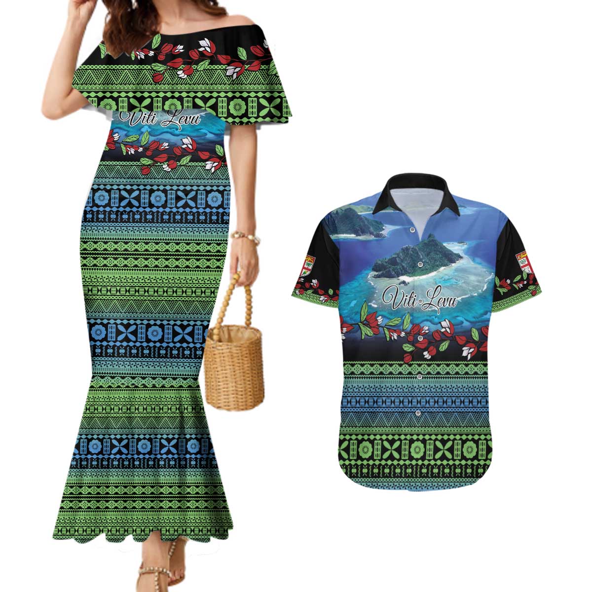 Personalised Fiji Viti Levu Couples Matching Mermaid Dress and Hawaiian Shirt Tagimoucia and Tapa Tribal Pattern