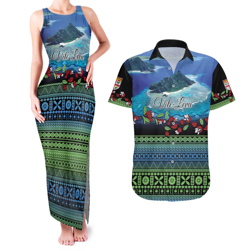 Personalised Fiji Viti Levu Couples Matching Tank Maxi Dress and Hawaiian Shirt Tagimoucia and Tapa Tribal Pattern