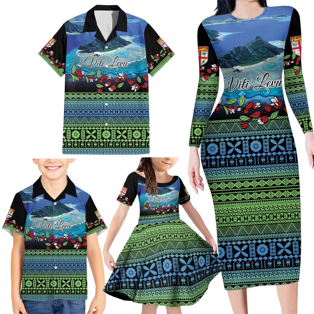 Personalised Fiji Viti Levu Family Matching Long Sleeve Bodycon Dress and Hawaiian Shirt Tagimoucia and Tapa Tribal Pattern