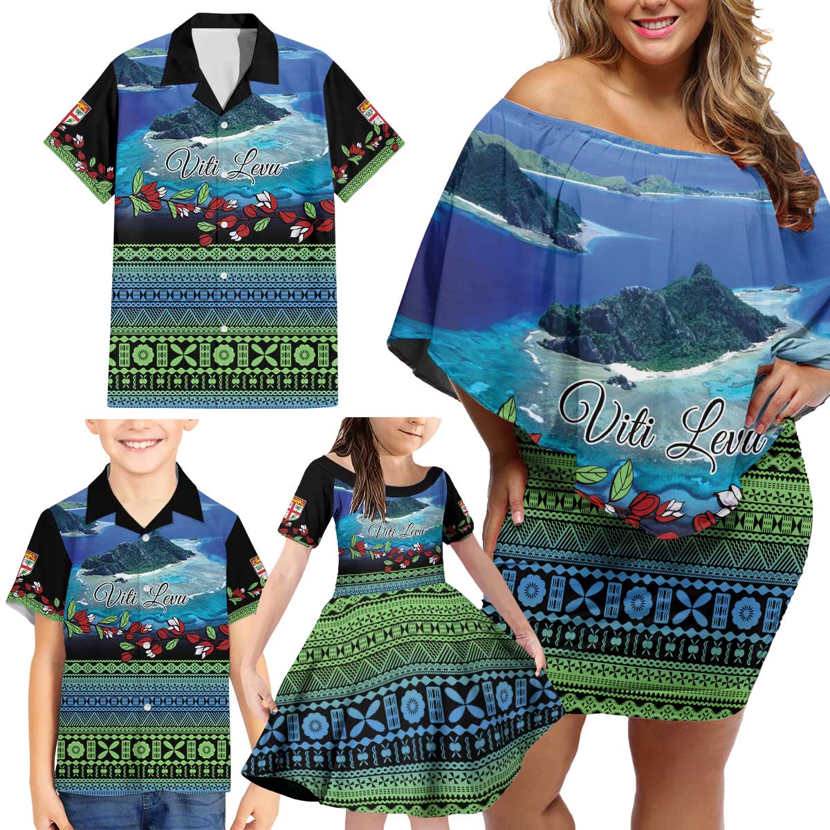 Personalised Fiji Viti Levu Family Matching Off Shoulder Short Dress and Hawaiian Shirt Tagimoucia and Tapa Tribal Pattern