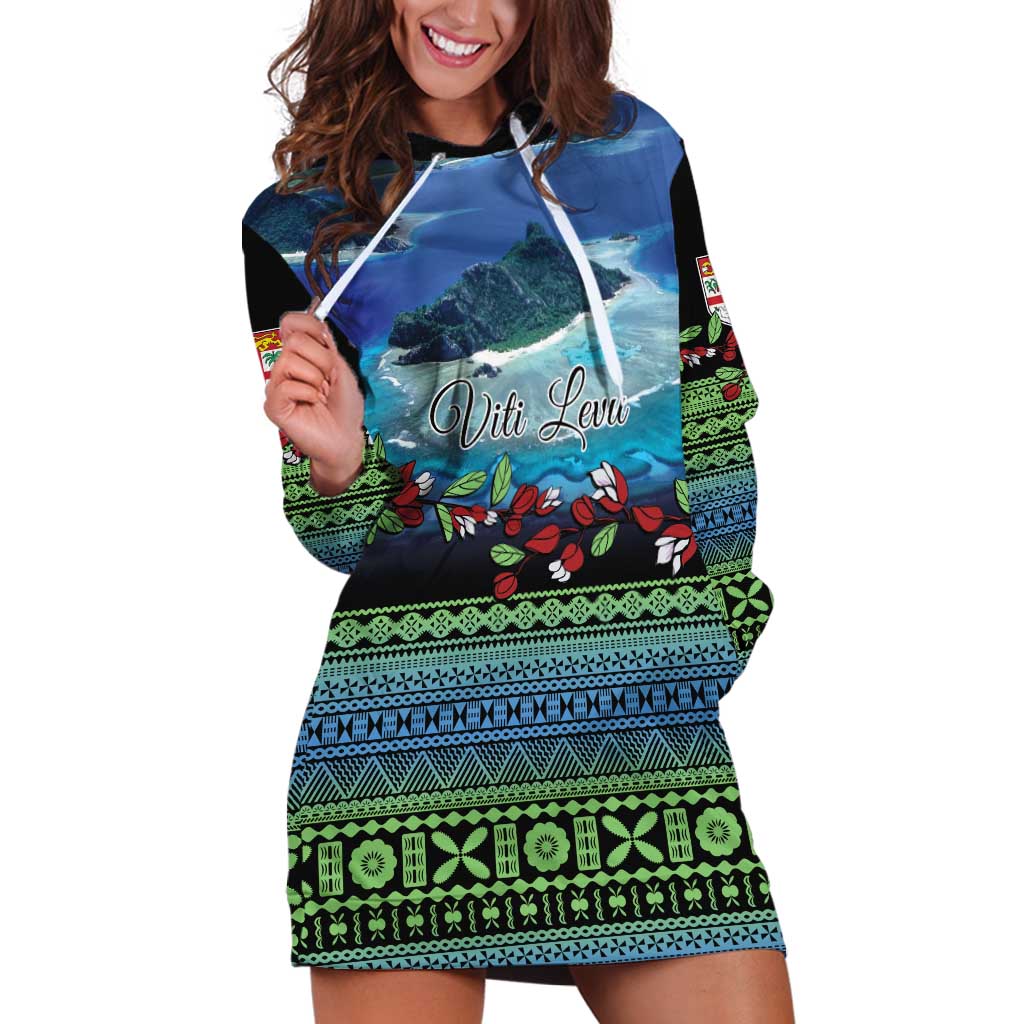 Personalised Fiji Viti Levu Hoodie Dress Tagimoucia and Tapa Tribal Pattern LT9 Blue - Polynesian Pride