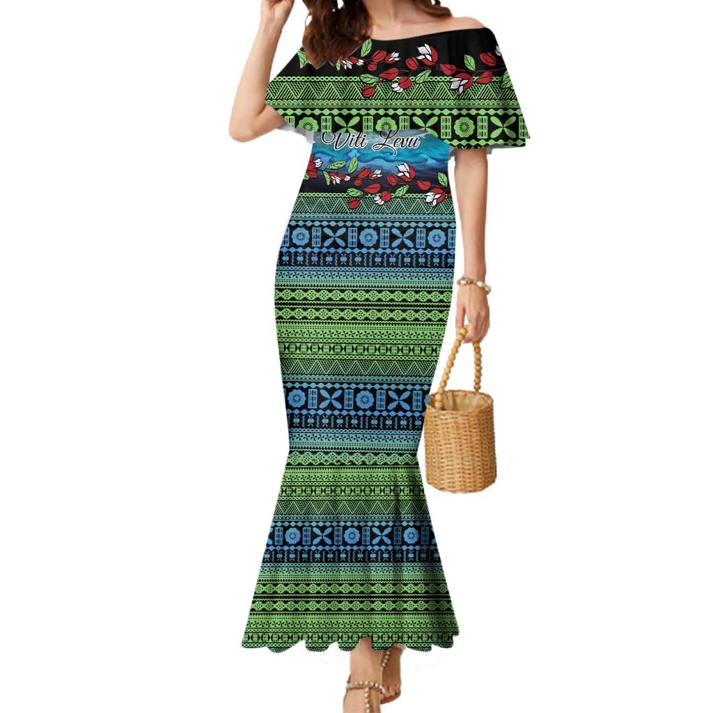 Personalised Fiji Viti Levu Mermaid Dress Tagimoucia and Tapa Tribal Pattern