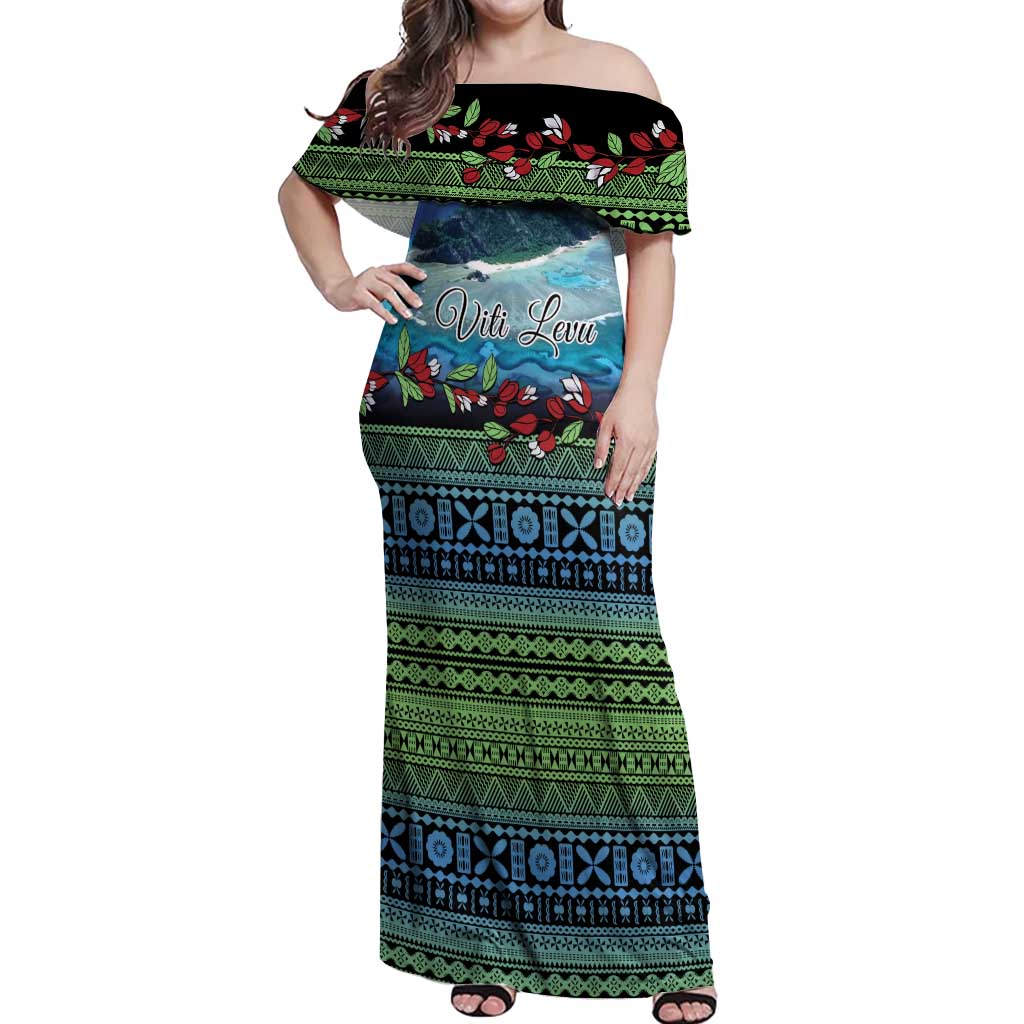 Personalised Fiji Viti Levu Off Shoulder Maxi Dress Tagimoucia and Tapa Tribal Pattern