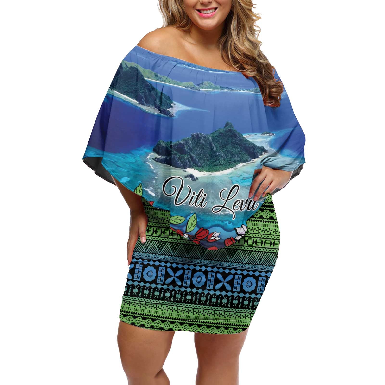 Personalised Fiji Viti Levu Off Shoulder Short Dress Tagimoucia and Tapa Tribal Pattern