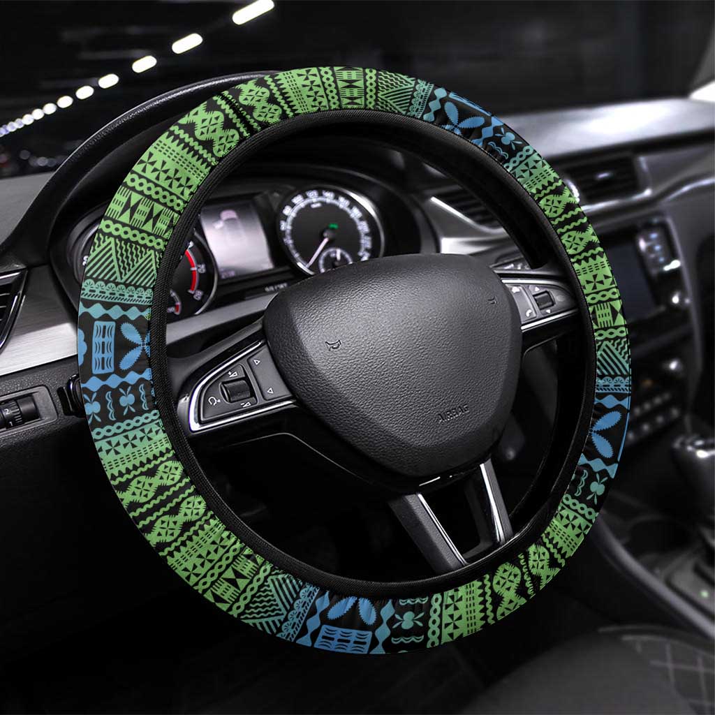 Fiji Viti Levu Steering Wheel Cover Tagimoucia and Tapa Tribal Pattern LT9 Universal Fit Blue - Polynesian Pride
