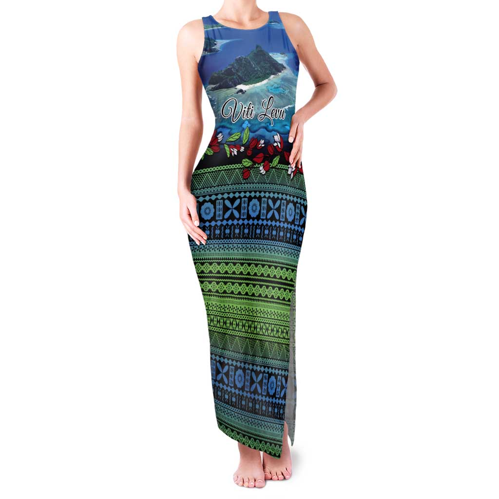 Personalised Fiji Viti Levu Tank Maxi Dress Tagimoucia and Tapa Tribal Pattern LT9 Women Blue - Polynesian Pride