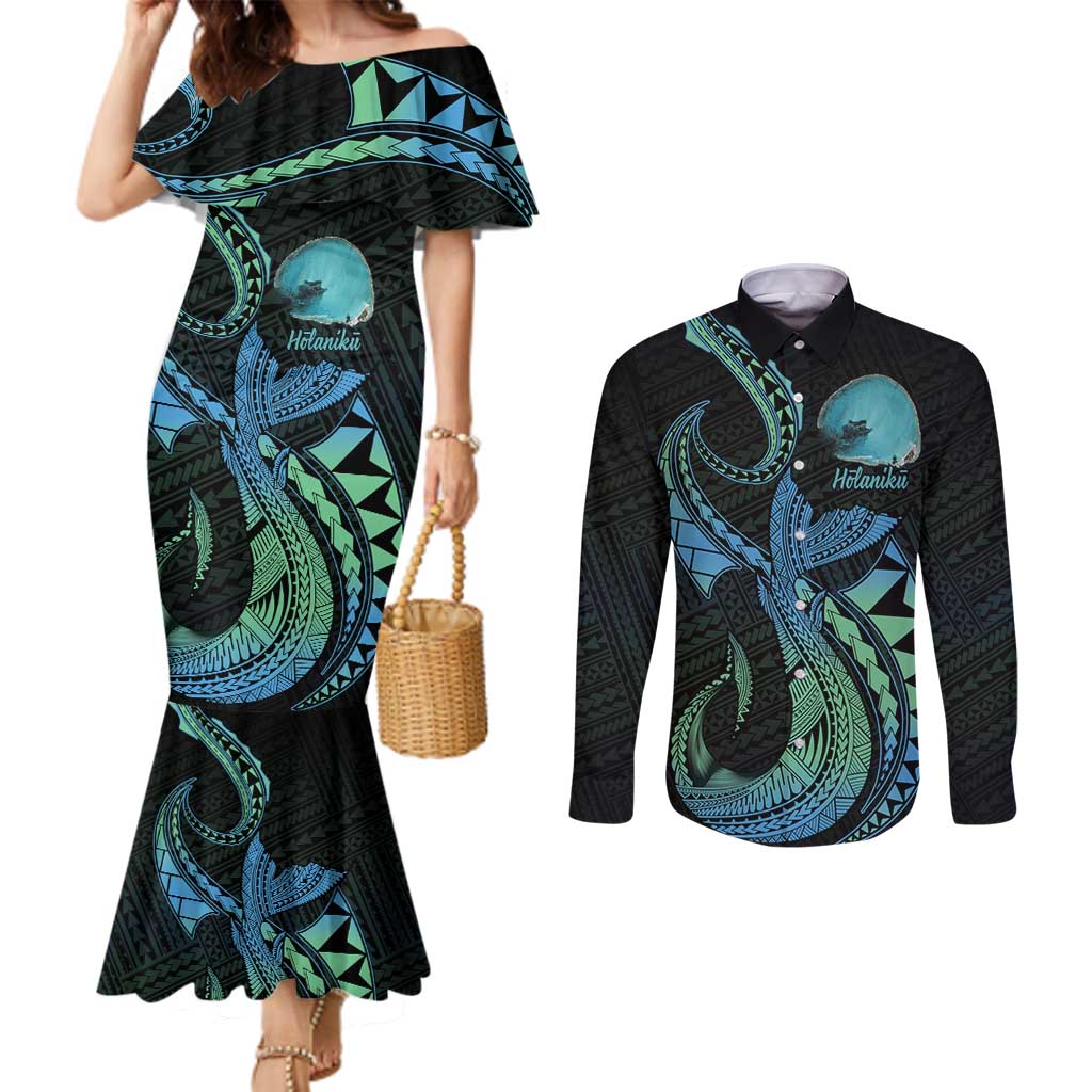 Personalised Hawaii Kure Atoll Couples Matching Mermaid Dress and Long Sleeve Button Shirt Holaniku Coral Reef with Polynesian Tribal