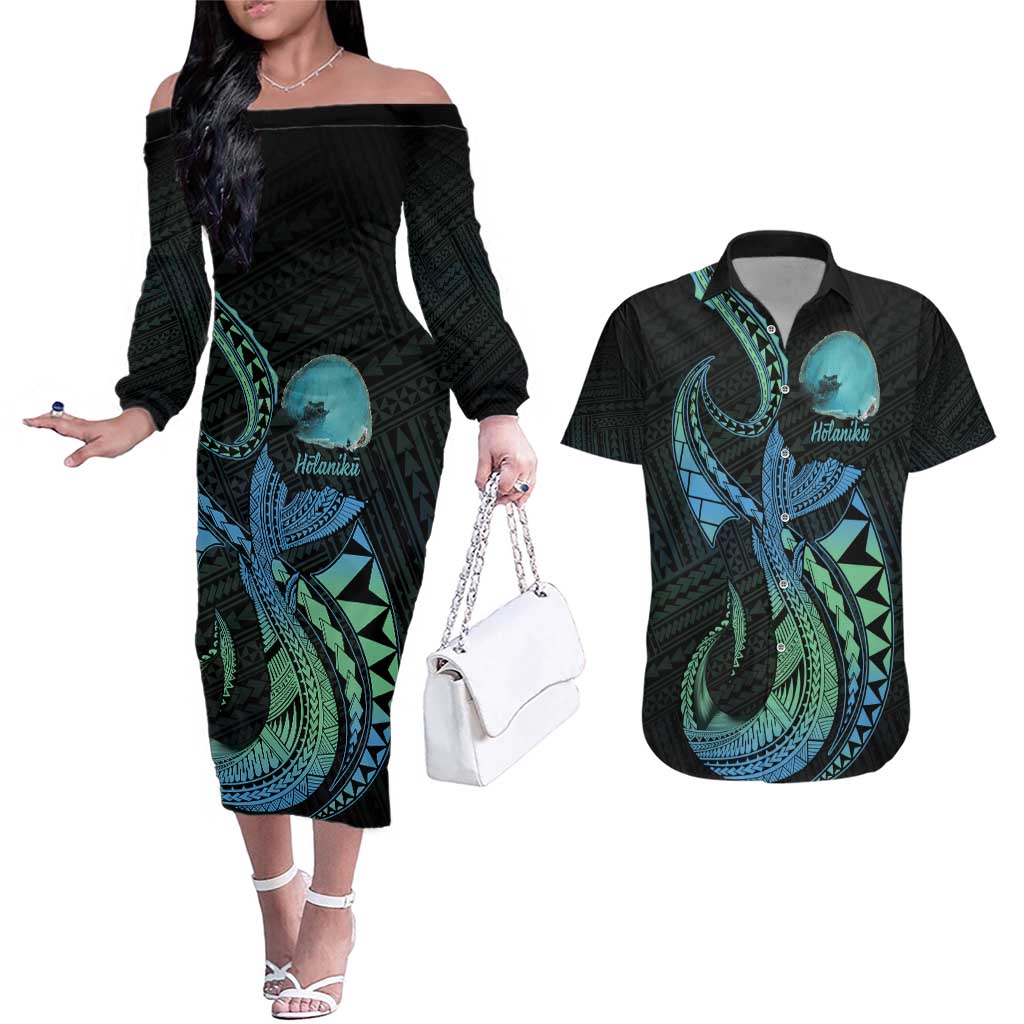 Personalised Hawaii Kure Atoll Couples Matching Off The Shoulder Long Sleeve Dress and Hawaiian Shirt Holaniku Coral Reef with Polynesian Tribal LT9 Blue - Polynesian Pride
