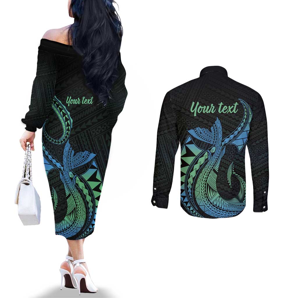 Personalised Hawaii Kure Atoll Couples Matching Off The Shoulder Long Sleeve Dress and Long Sleeve Button Shirt Holaniku Coral Reef with Polynesian Tribal