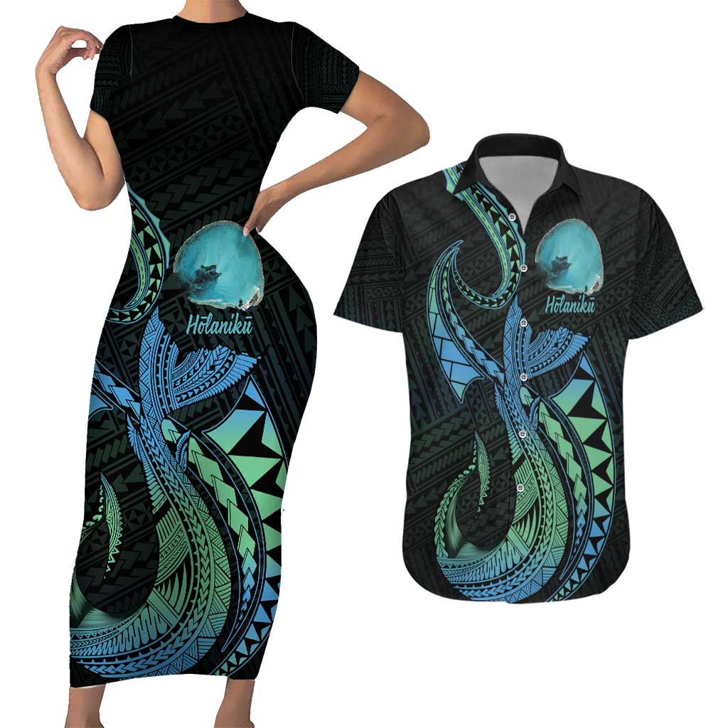 Personalised Hawaii Kure Atoll Couples Matching Short Sleeve Bodycon Dress and Hawaiian Shirt Holaniku Coral Reef with Polynesian Tribal LT9 Blue - Polynesian Pride