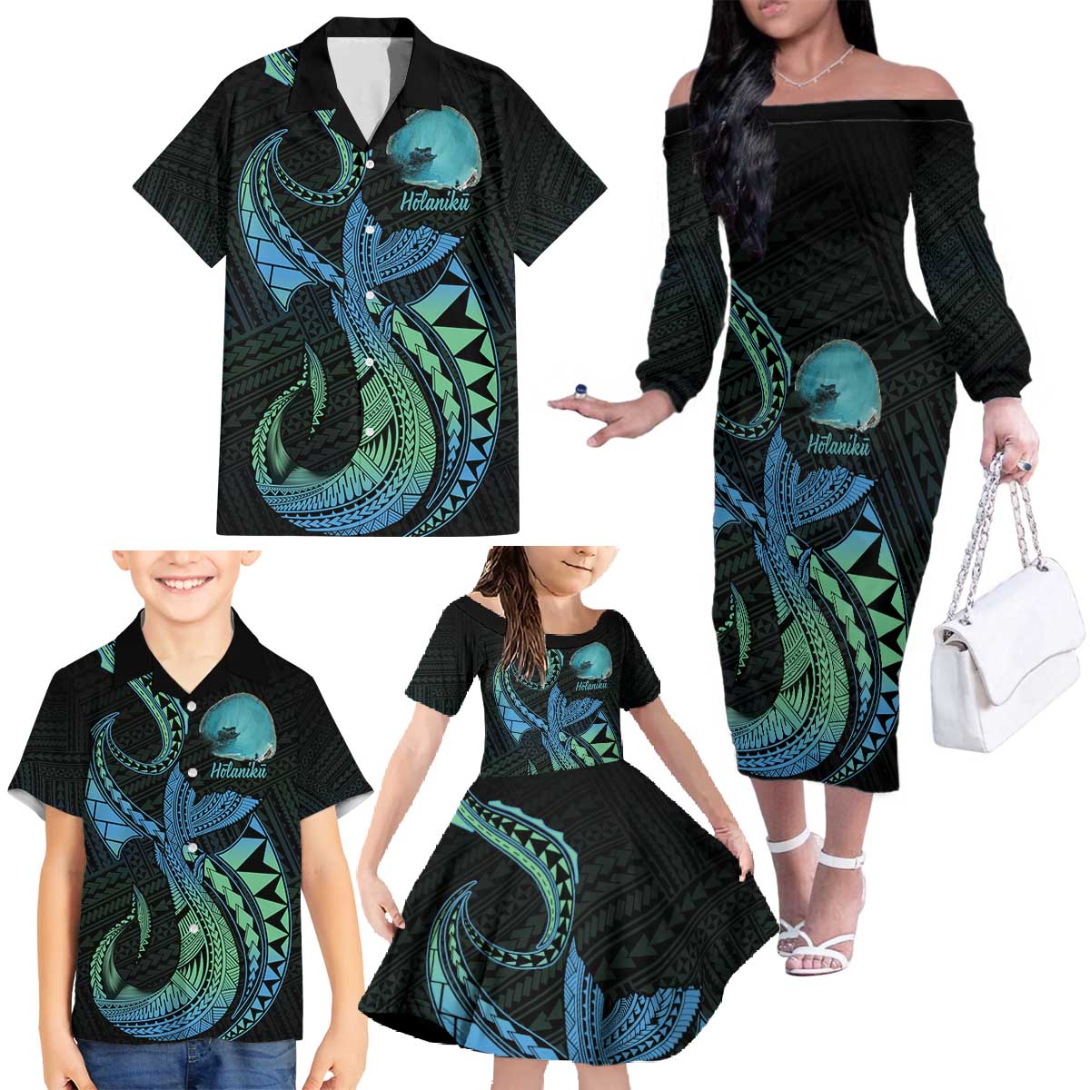 Personalised Hawaii Kure Atoll Family Matching Off The Shoulder Long Sleeve Dress and Hawaiian Shirt Holaniku Coral Reef with Polynesian Tribal