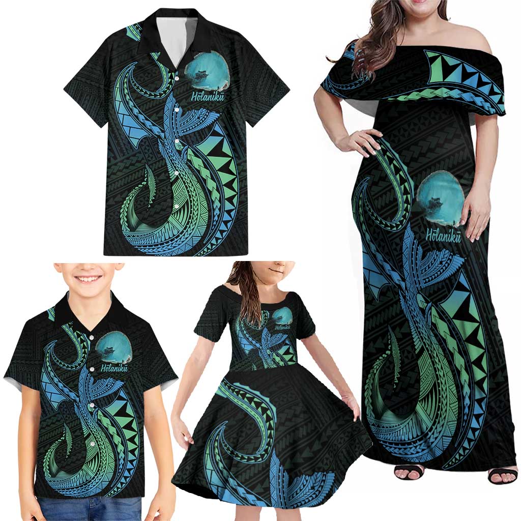 Personalised Hawaii Kure Atoll Family Matching Off Shoulder Maxi Dress and Hawaiian Shirt Holaniku Coral Reef with Polynesian Tribal