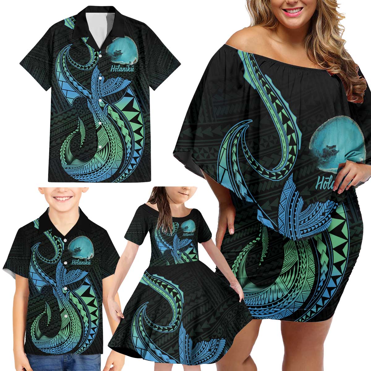 Personalised Hawaii Kure Atoll Family Matching Off Shoulder Short Dress and Hawaiian Shirt Holaniku Coral Reef with Polynesian Tribal LT9 - Polynesian Pride