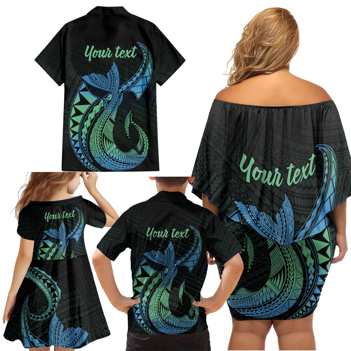 Personalised Hawaii Kure Atoll Family Matching Off Shoulder Short Dress and Hawaiian Shirt Holaniku Coral Reef with Polynesian Tribal