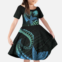 Personalised Hawaii Kure Atoll Family Matching Short Sleeve Bodycon Dress and Hawaiian Shirt Holaniku Coral Reef with Polynesian Tribal LT9 Daughter's Dress Blue - Polynesian Pride