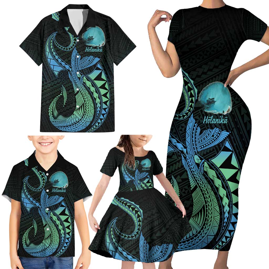 Personalised Hawaii Kure Atoll Family Matching Short Sleeve Bodycon Dress and Hawaiian Shirt Holaniku Coral Reef with Polynesian Tribal