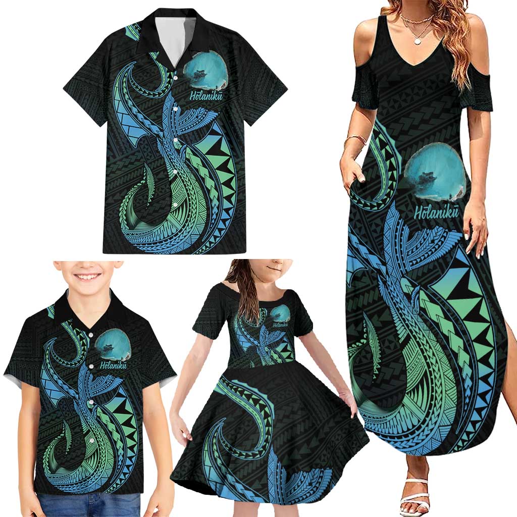 Personalised Hawaii Kure Atoll Family Matching Summer Maxi Dress and Hawaiian Shirt Holaniku Coral Reef with Polynesian Tribal