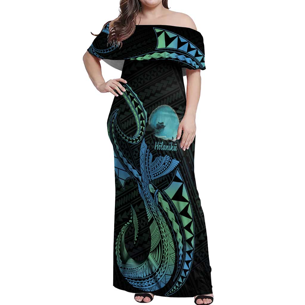 Personalised Hawaii Kure Atoll Off Shoulder Maxi Dress Holaniku Coral Reef with Polynesian Tribal LT9 Women Blue - Polynesian Pride