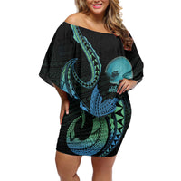 Personalised Hawaii Kure Atoll Off Shoulder Short Dress Holaniku Coral Reef with Polynesian Tribal LT9 Women Blue - Polynesian Pride